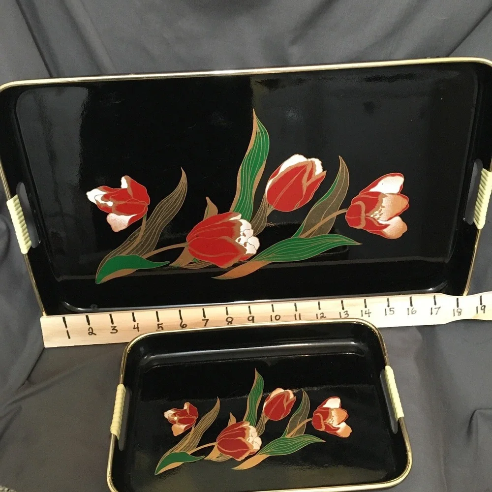2 Vintage Asian Style Black Laquer Floral Trays with Tulip Florals